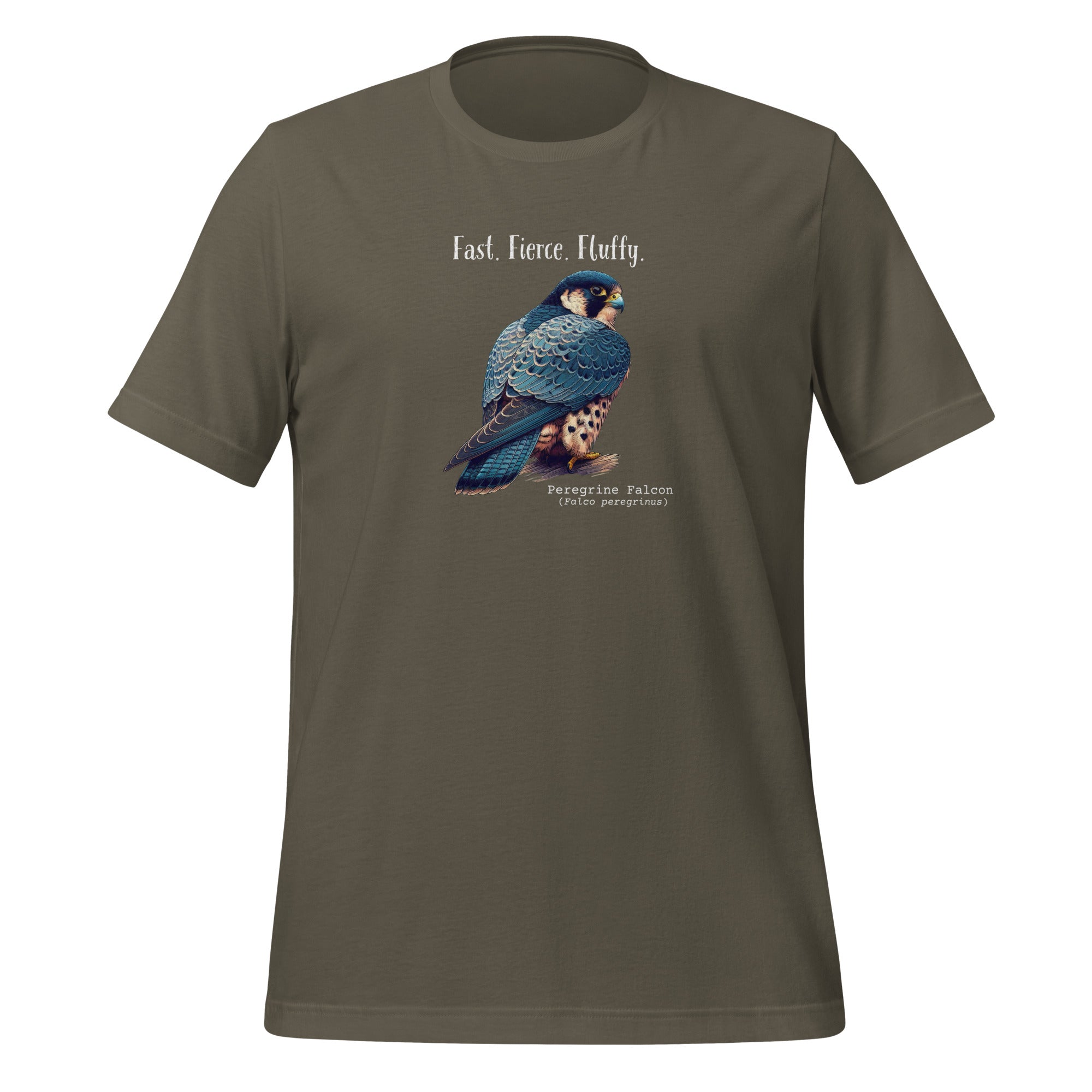 An army green bird shirt with the words, "Fast. Fierce. Fluffy" above an illustration of a peregrine falcon.