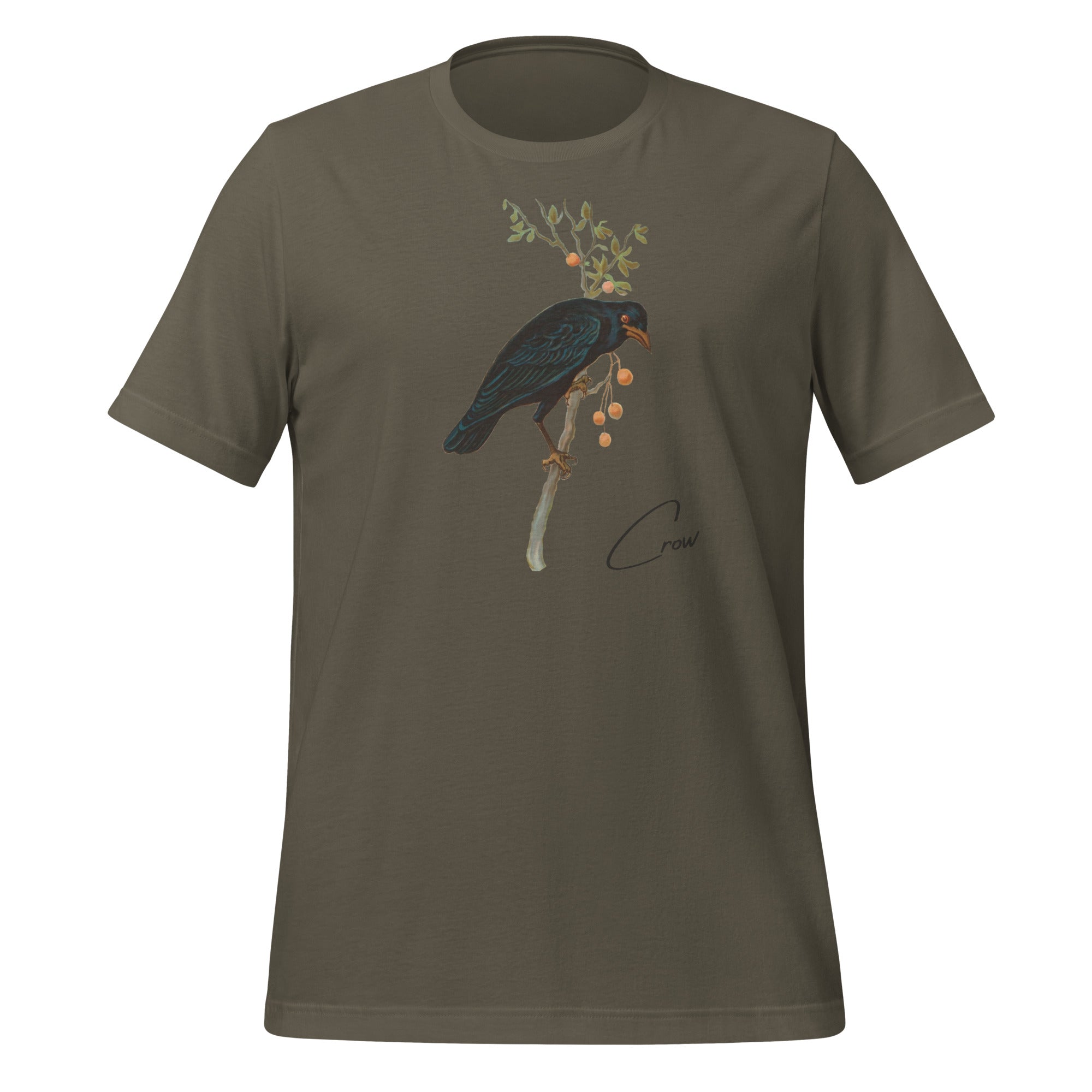 Army breen bird shirt with vintage artwork of a crow and the word "Crow" written on the bottom left.