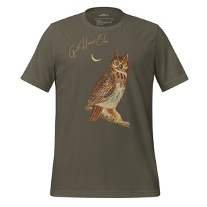 Army green bird shirt with vintage owl art and the words "Great Horned Owl" on the top right.