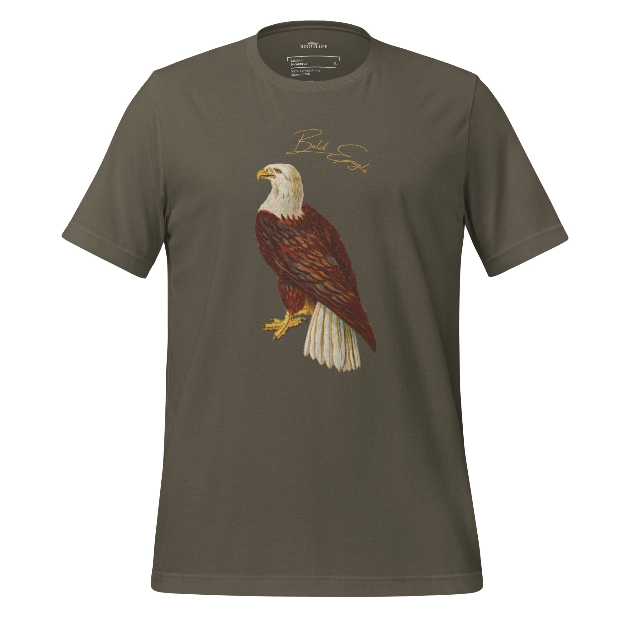 Army green bird shirt with vintage artwork of a bald eagle and the words "Bald Eagle" centered above the art.