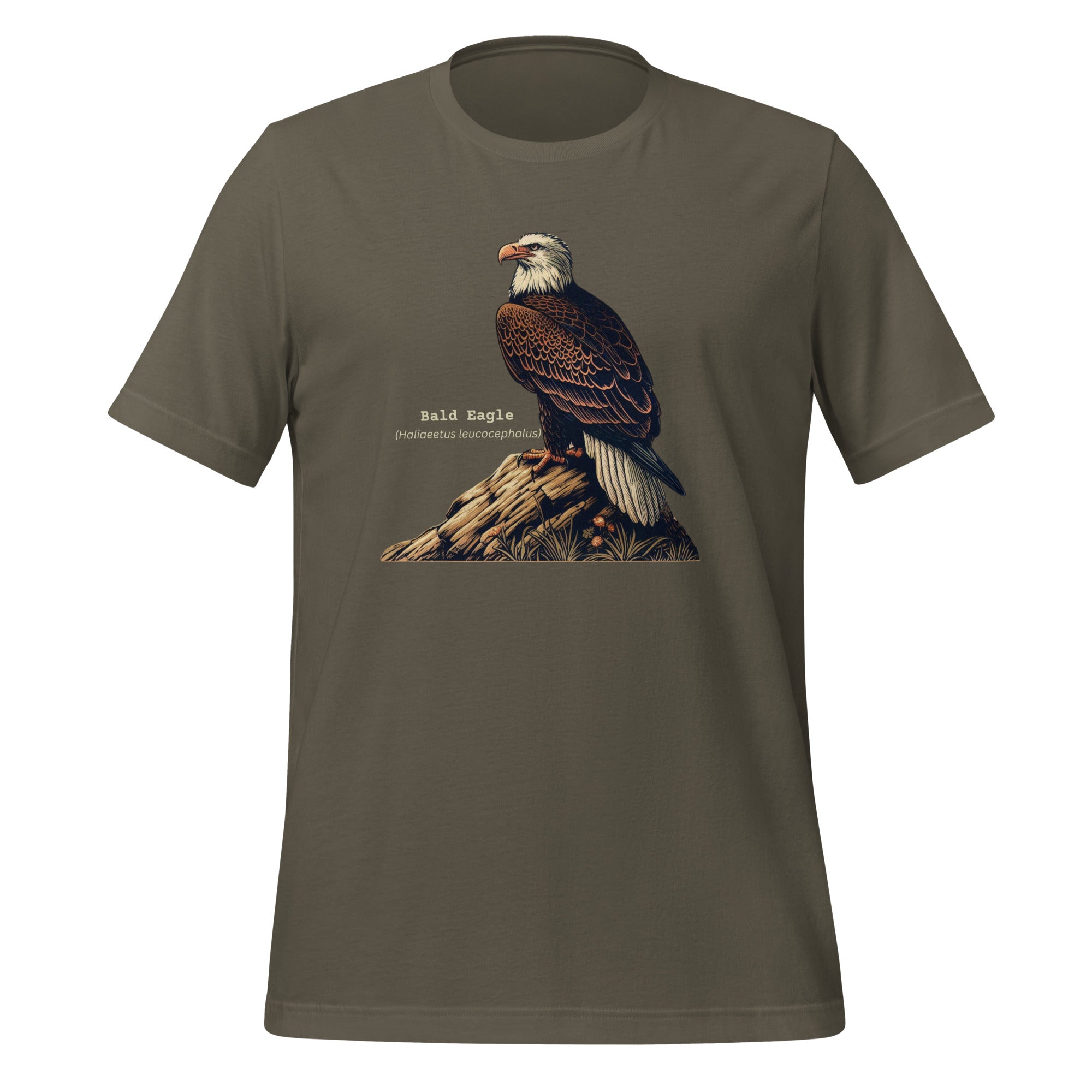 Army green bird shirt with an artistic depiction of aBald Eagle sitting on a rock and the birds common and scientific names next to the bird.