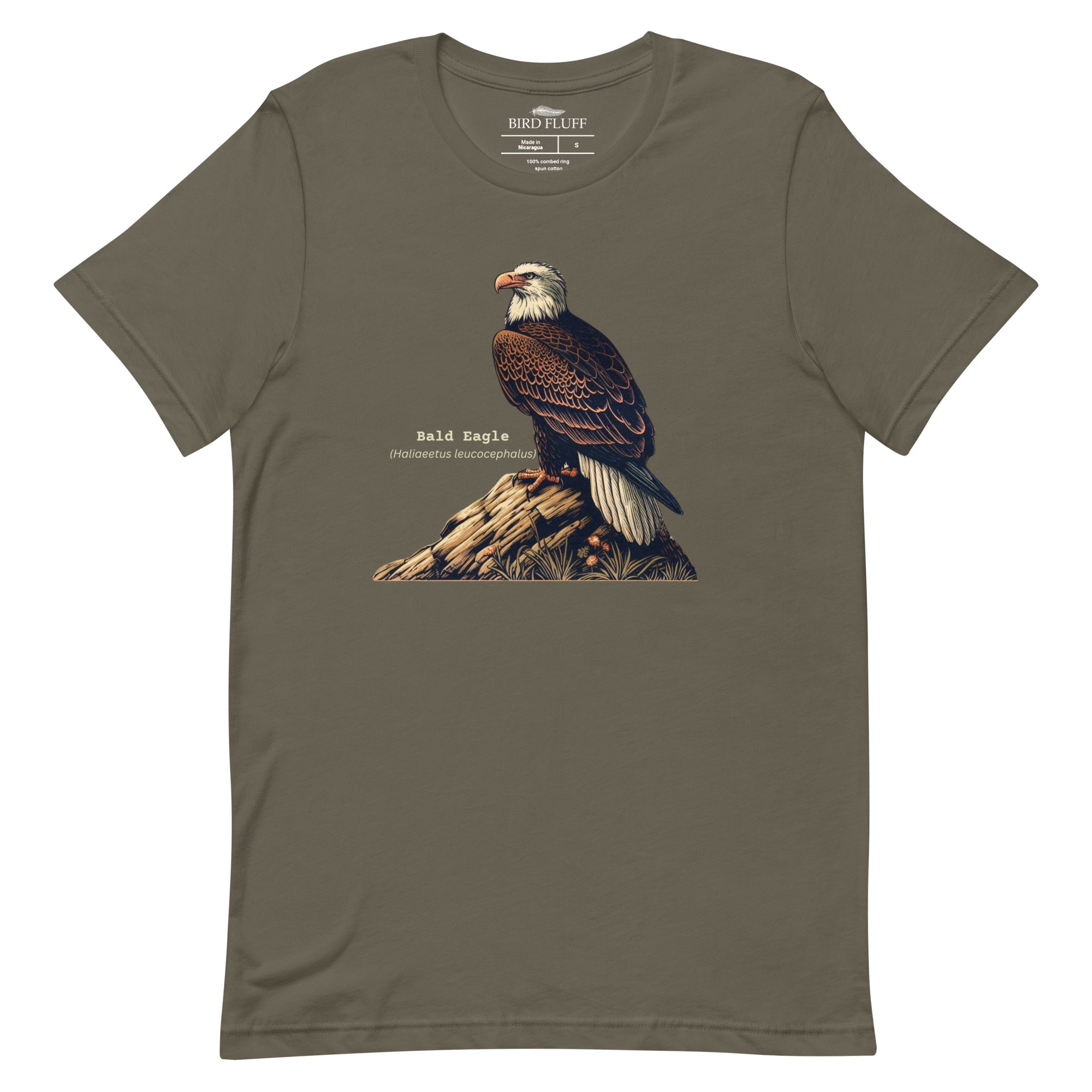 Army green unisex bird shirt with a Bald Eagle perched on a rock, next to its common and scientific names.