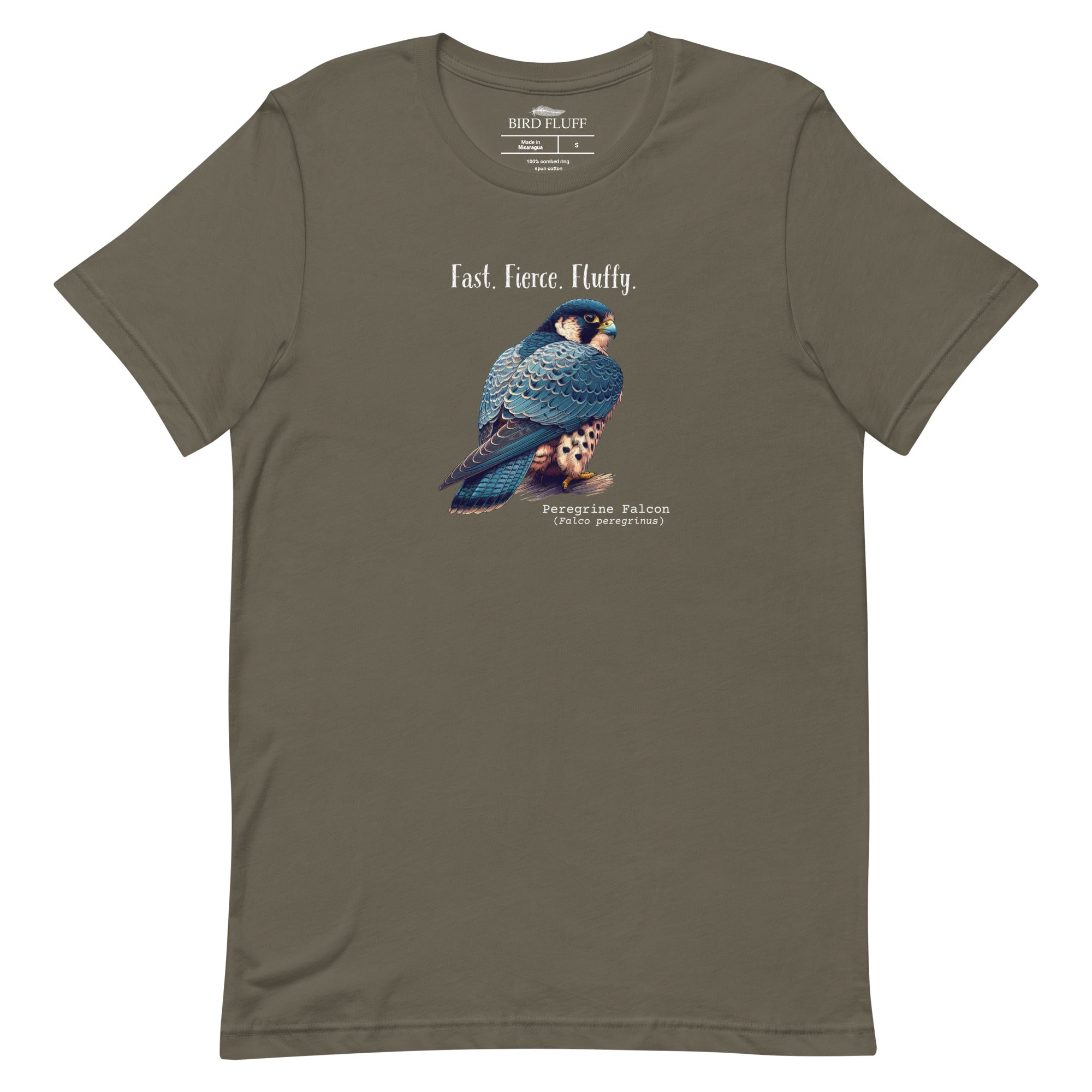 An army green bird shirt with the words, "Fast. Fierce. Fluffy" above an illustration of a peregrine falcon.