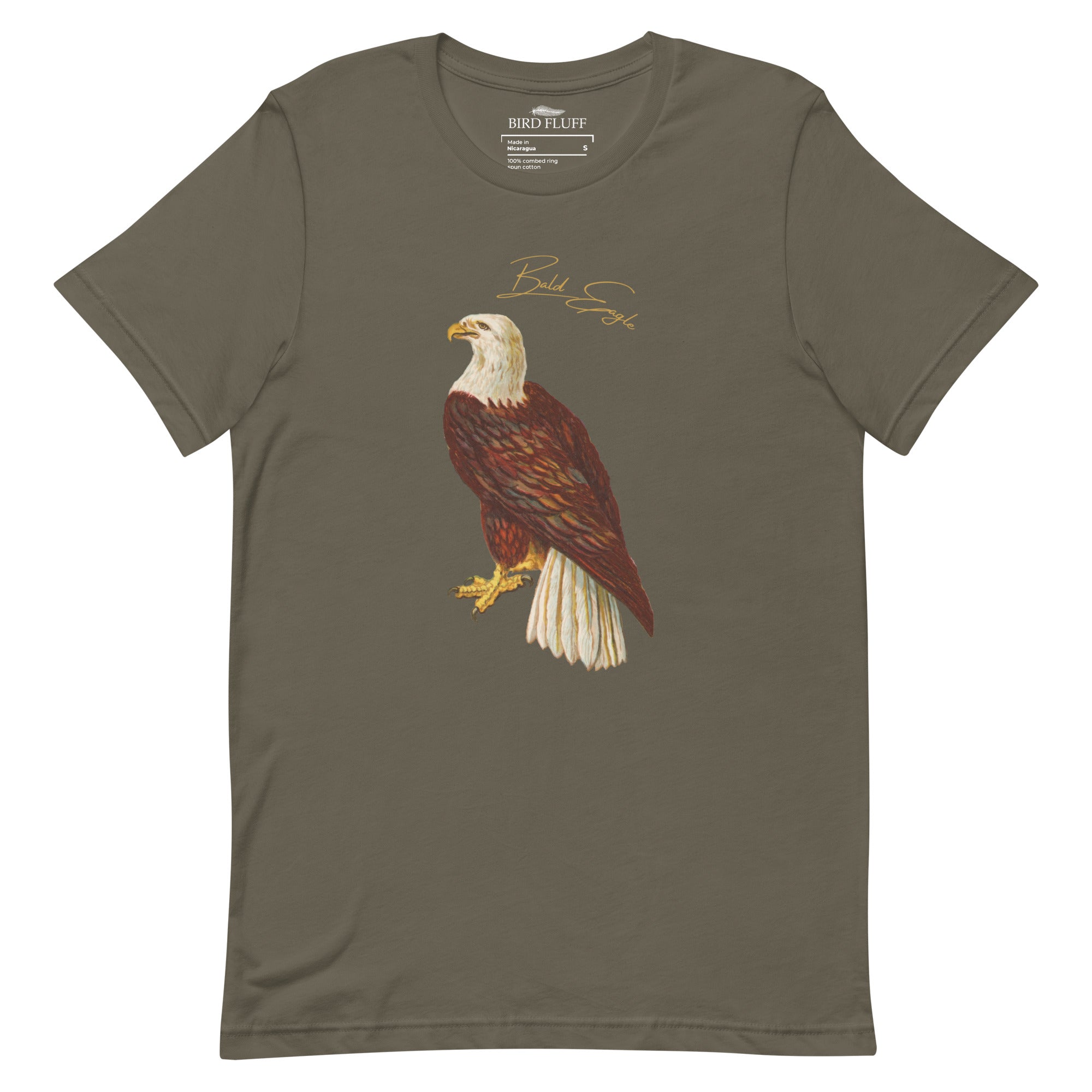 Army green bird shirt with vintage artwork of a bald eagle and the words "Bald Eagle" centered above the art.