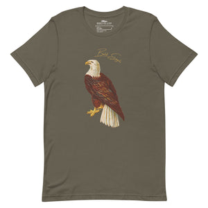 Army green bird shirt with vintage artwork of a bald eagle and the words "Bald Eagle" centered above the art.