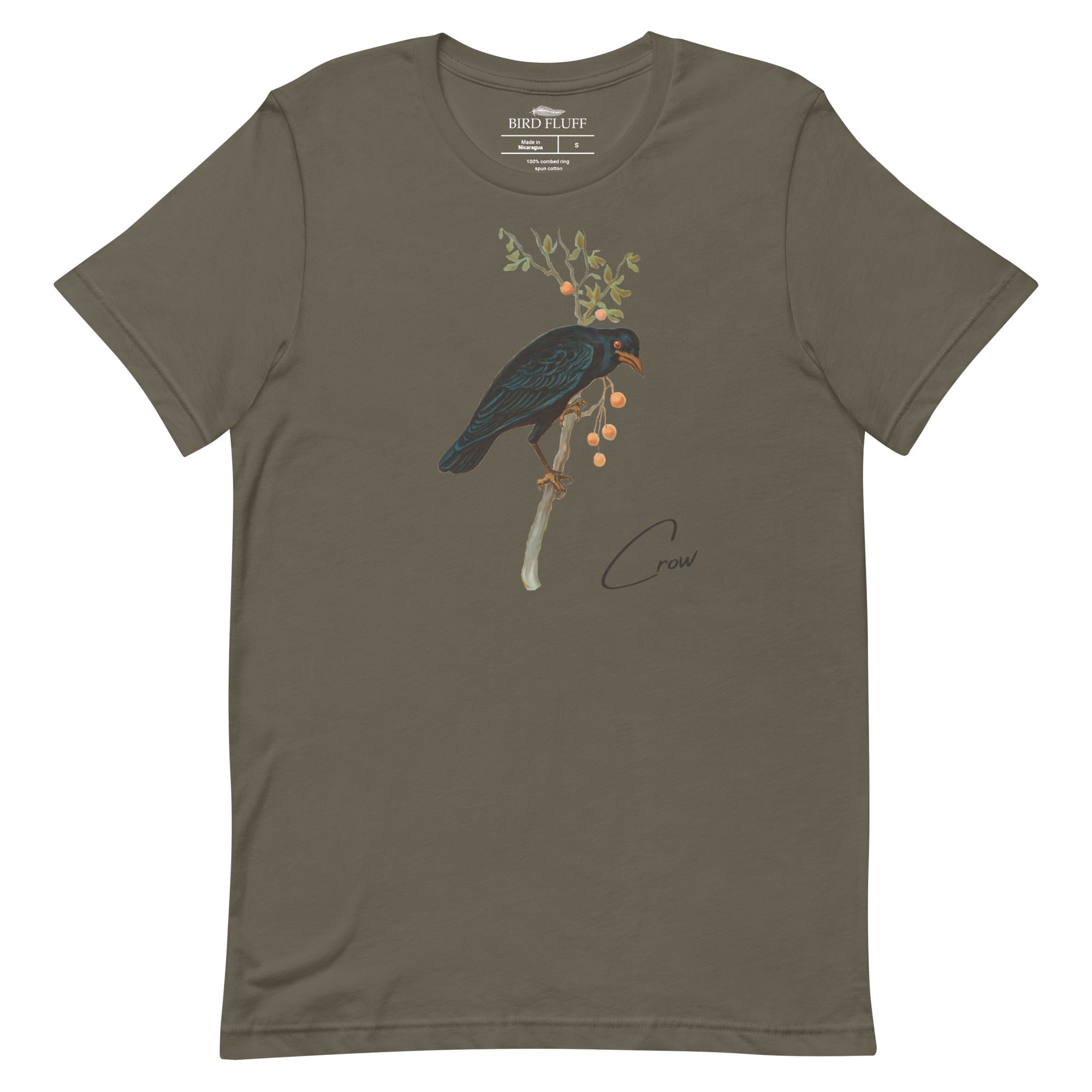 Army green bird shirt with vintage artwork of a crow and the word "Crow" written on the bottom left.