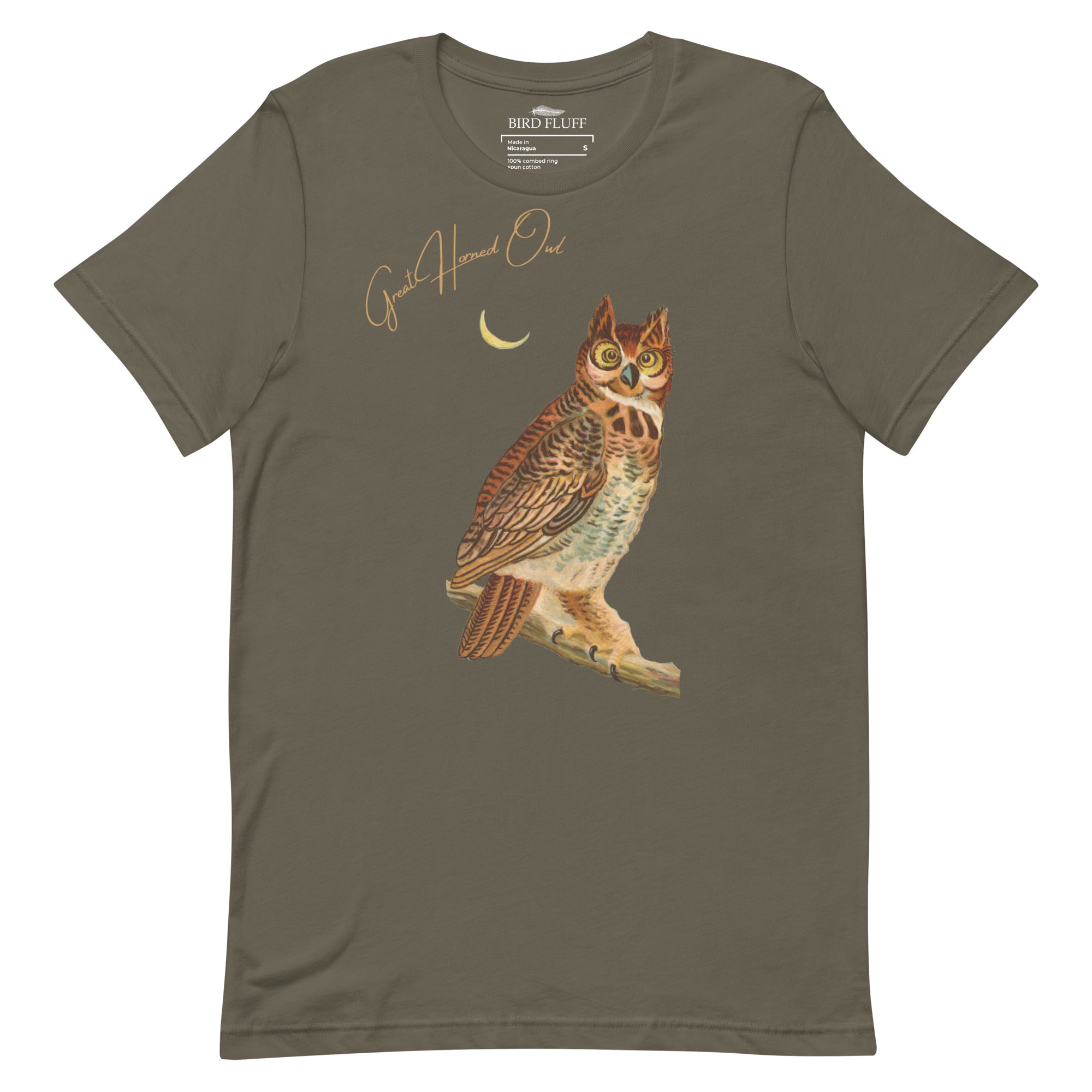 Army green bird shirt with vintage owl art and the words "Great Horned Owl" on the top right.