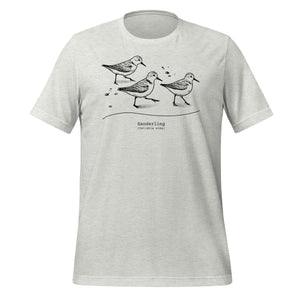 Light gray bird shirt featuring an illustration of a three sanderlings on a beach and the common and scientific names for the bird underneath.