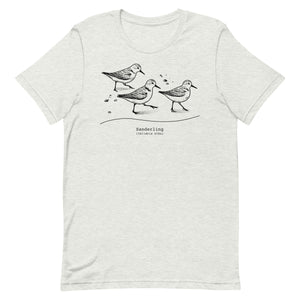 Light gray bird shirt featuring an illustration of a three sanderlings on a beach and the common and scientific names for the bird underneath.