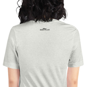 Light gray bird shirt featuring an illustration of a three sanderlings on a beach and the common and scientific names for the bird underneath. Rear of shirt shown with small brand logo at collar.