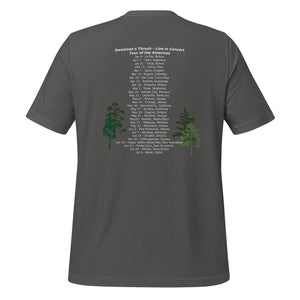 Dark gray unisex bird shirt mimicking a concert t-shirt with the words "Swainson's Thrush" and below that, "Tour of the Americas" and below that an illustrated Swainson's thrush singing into a microphone. Back of shirt, (shown) has concert dates and cities where this bird can be heard.