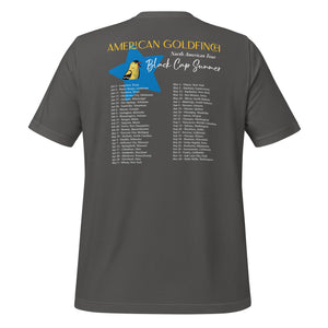 Dark gray unisex bird shirt featuring an American goldfinch singing into a microphone with a list of dates and cities on the back where the bird is commonly seen. Rear view.