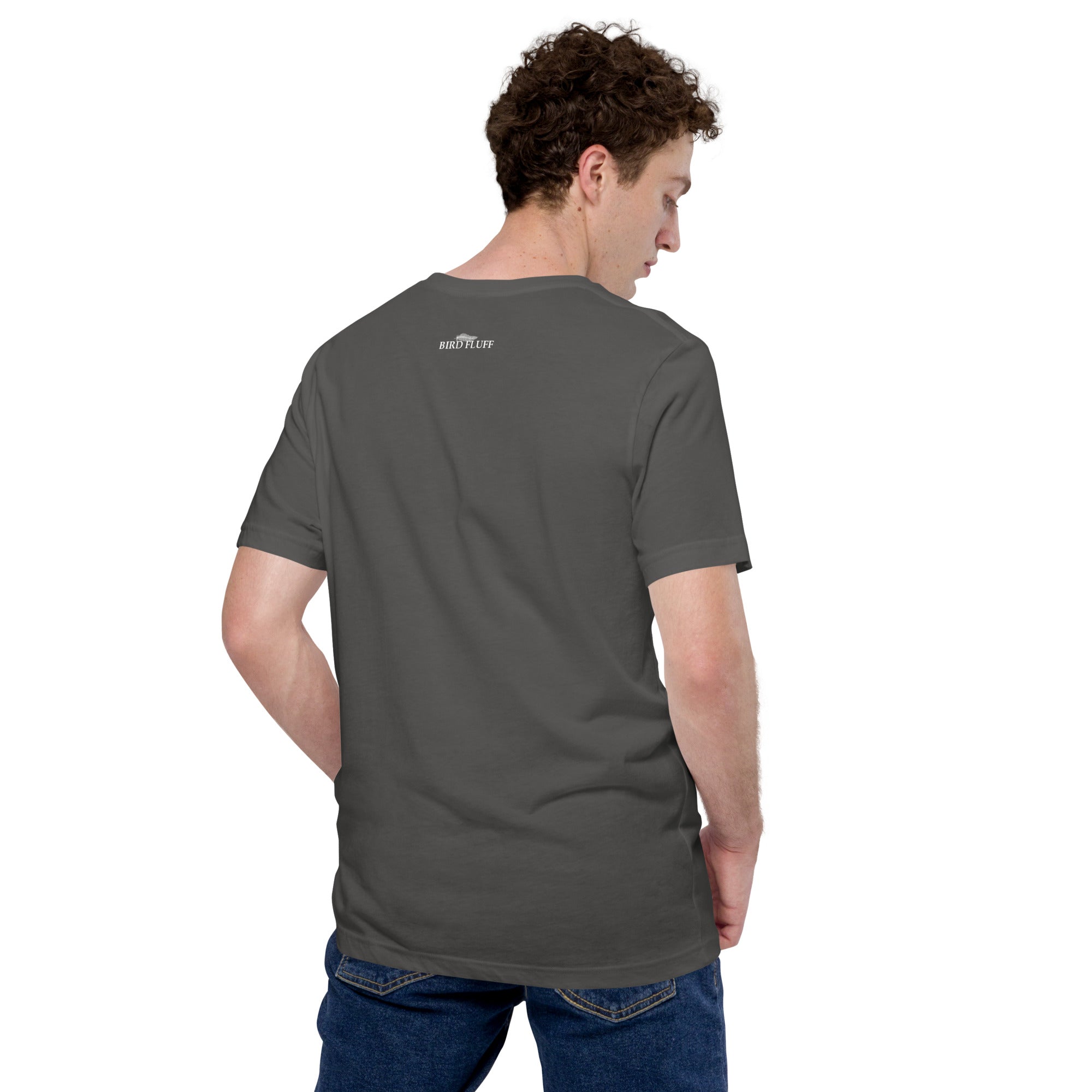 Gray bird shirt with an artistic depiction of a red-tailed hawk sitting on a fence and the common and scientific names for the bird next to it. Rear of shirt showing small brand logo near collar.