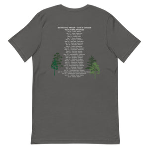 Gray unisex bird shirt mimicking a concert t-shirt with the words "Swainson's Thrush" and below that, "Tour of the Americas" and below that an illustrated Swainson's thrush singing into a microphone. Back of shirt, (not shown) has concert dates and cities where this bird can be heard. Rear of shirt shown.