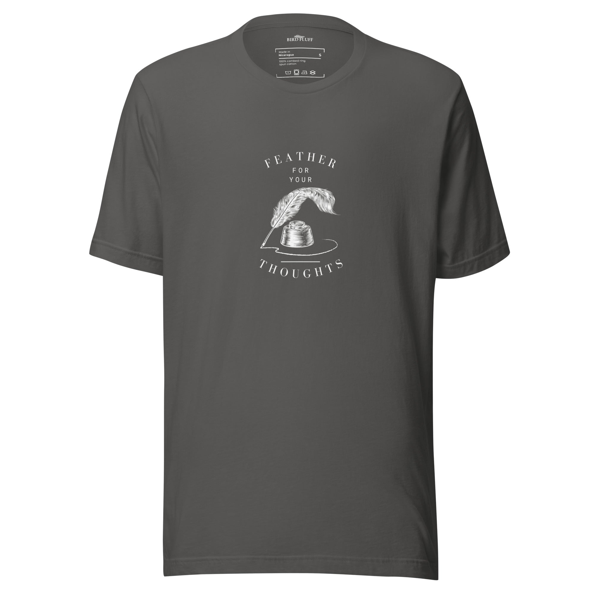 Grey unisex t-shirt with a quill and an ink pot and the words, "Feather for your Thoughts."