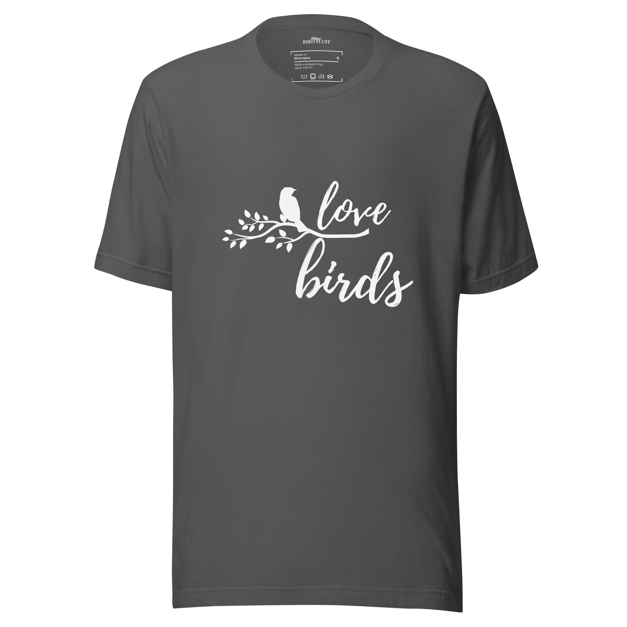 Grey unisex birding t-shirt with the words Love birds and a graphic of a bird on a branch in white.