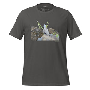 Dark gray unisex bird t-shirt with a graphic of a crested pigeon among some rocks and grass on front, and the words crested pigeon written below and the scientific name below that.