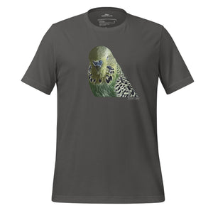 Dark gray unisex t-shirt with an illustrated and lifelike graphic of a green and yellow parakeet or budgie on the front. Below and to the right of the picture is the word Budgerigar and below that the scientific name in parenthesis in small print.