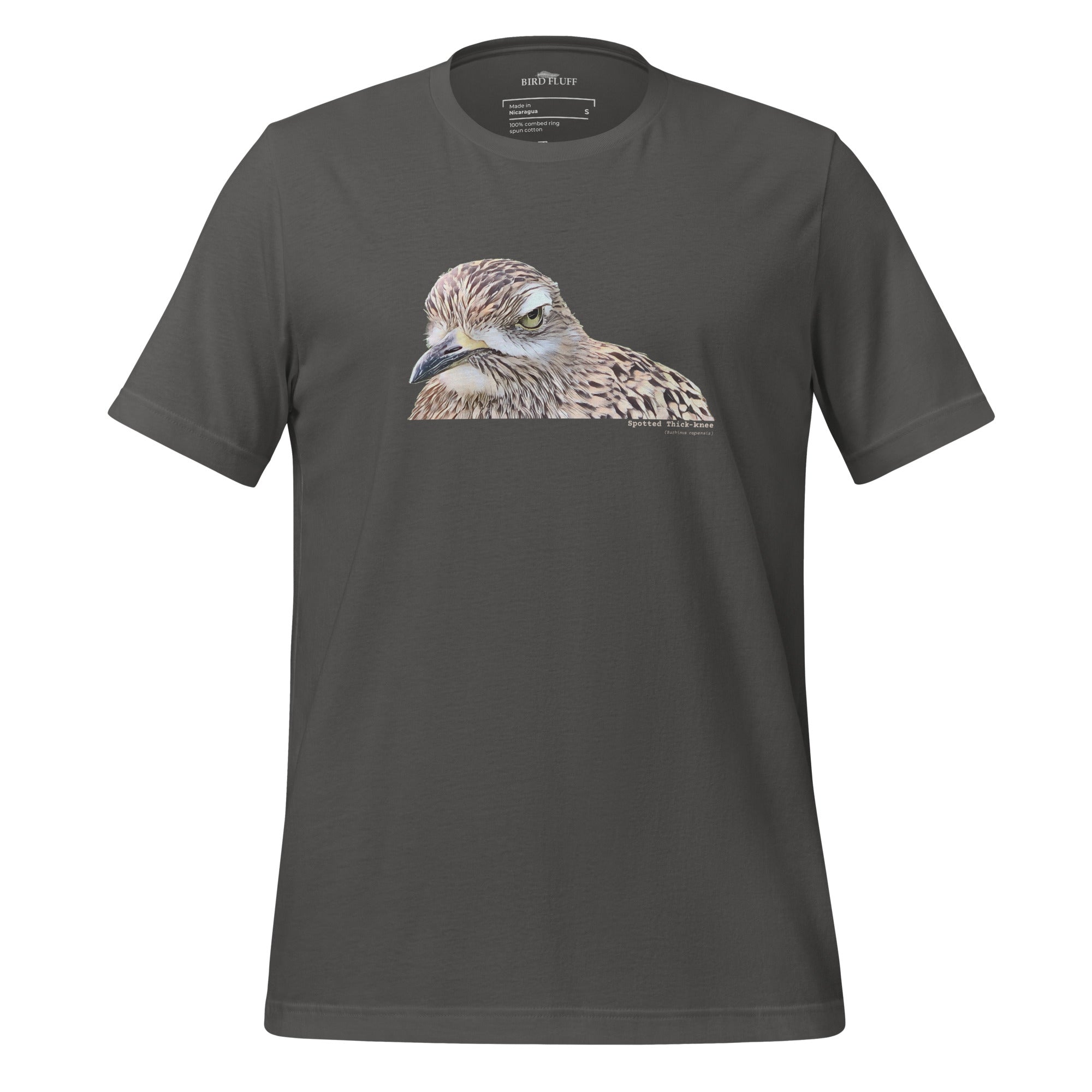 Dark gray unisex bird shirt with a lifelike illustration of a Spotted Thickknee on the front and the words Spotted Thickknee in small print below, with the scientific name included.