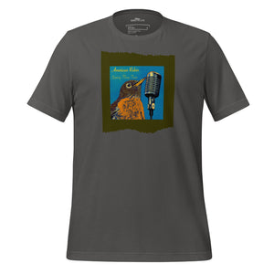 Dark gray unisex bird t-shirt featuring an illustration of an American Robin and a microphone and the words American Robin, Spring Fling Tour.