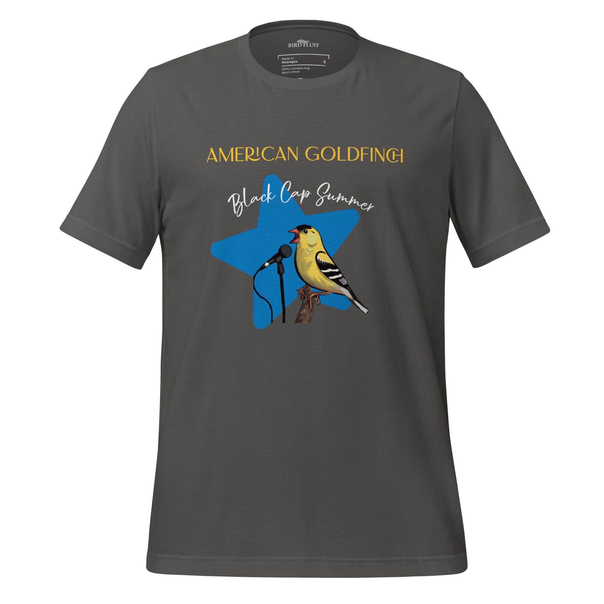 Dark gray unisex bird shirt featuring an American goldfinch singing into a microphone with a list of dates and cities on the back where the bird is commonly seen.