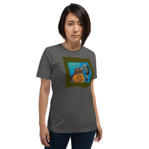 Dark gray unisex bird t-shirt featuring an illustration of an American Robin and a microphone and the words American Robin, Spring Fling Tour. Worn by a woman.