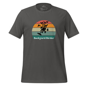 Dark gray bird shirt with a retro sun design outlining a bird feeder with the words Backyard Birder.