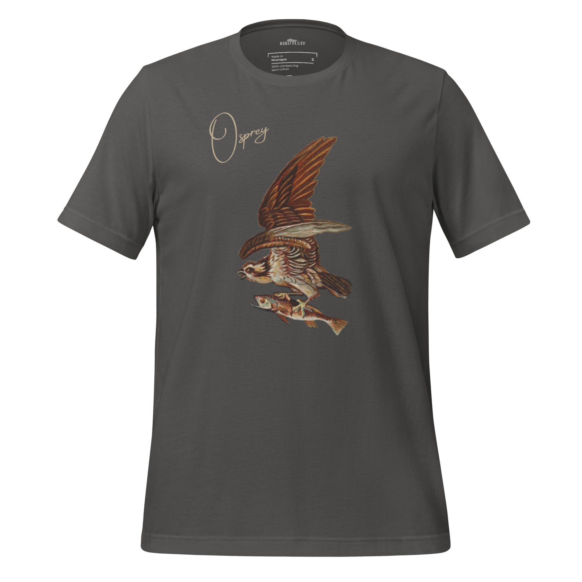 Dark gray bird shirt with vintage art of an osprey with a fish in its talons and the word "Osprey in the top right.