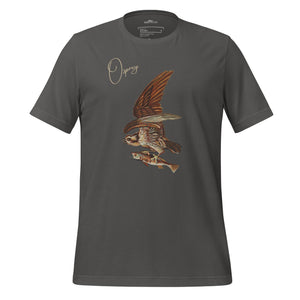 Dark gray bird shirt with vintage art of an osprey with a fish in its talons and the word "Osprey in the top right.