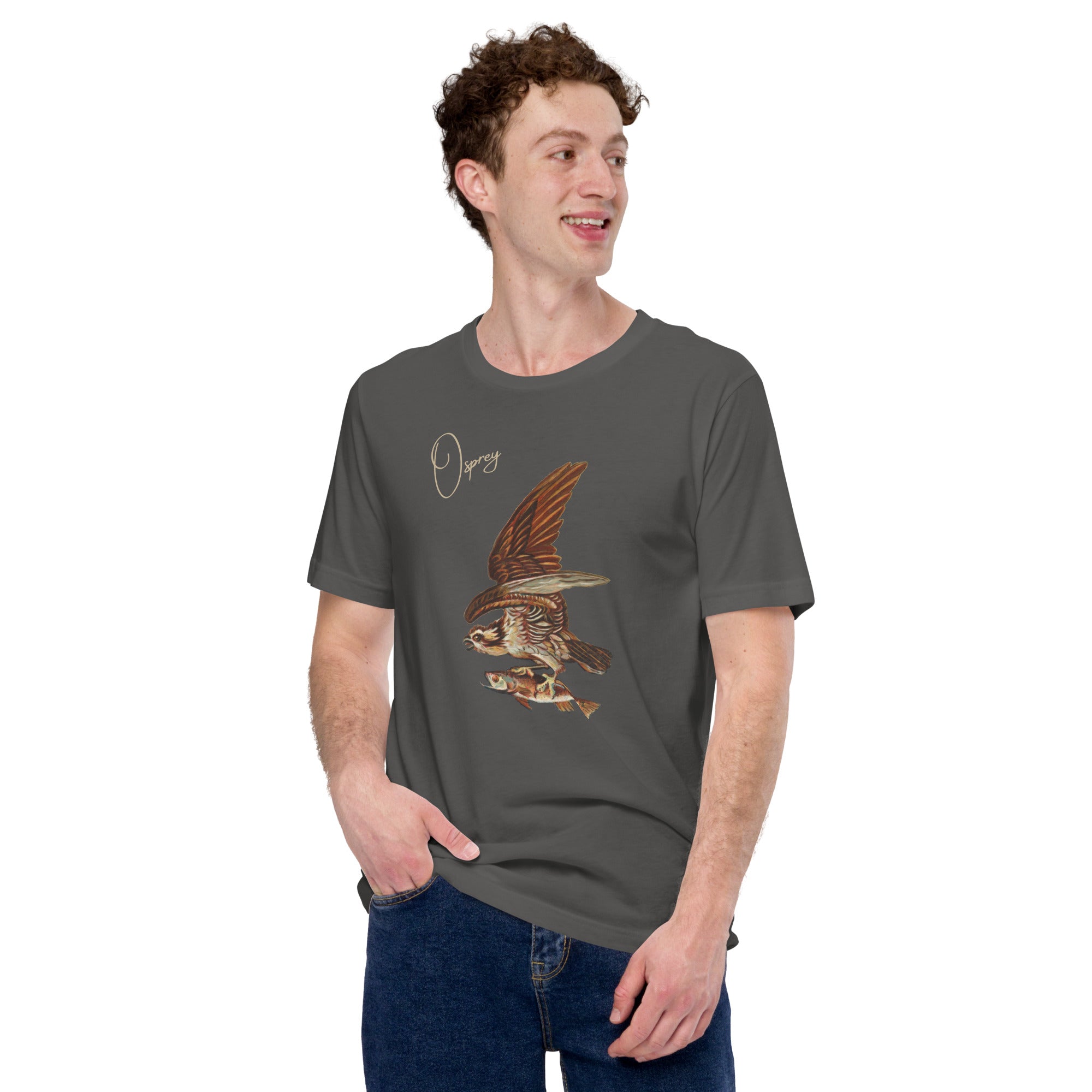 Olive green bird shirt with vintage art of an osprey with a fish in its talons and the word "Osprey in the top right. Worn by a man playing cards.