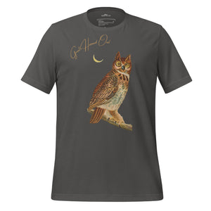 Asphalt gray bird shirt with vintage owl art and the words "Great Horned Owl" on the top right.