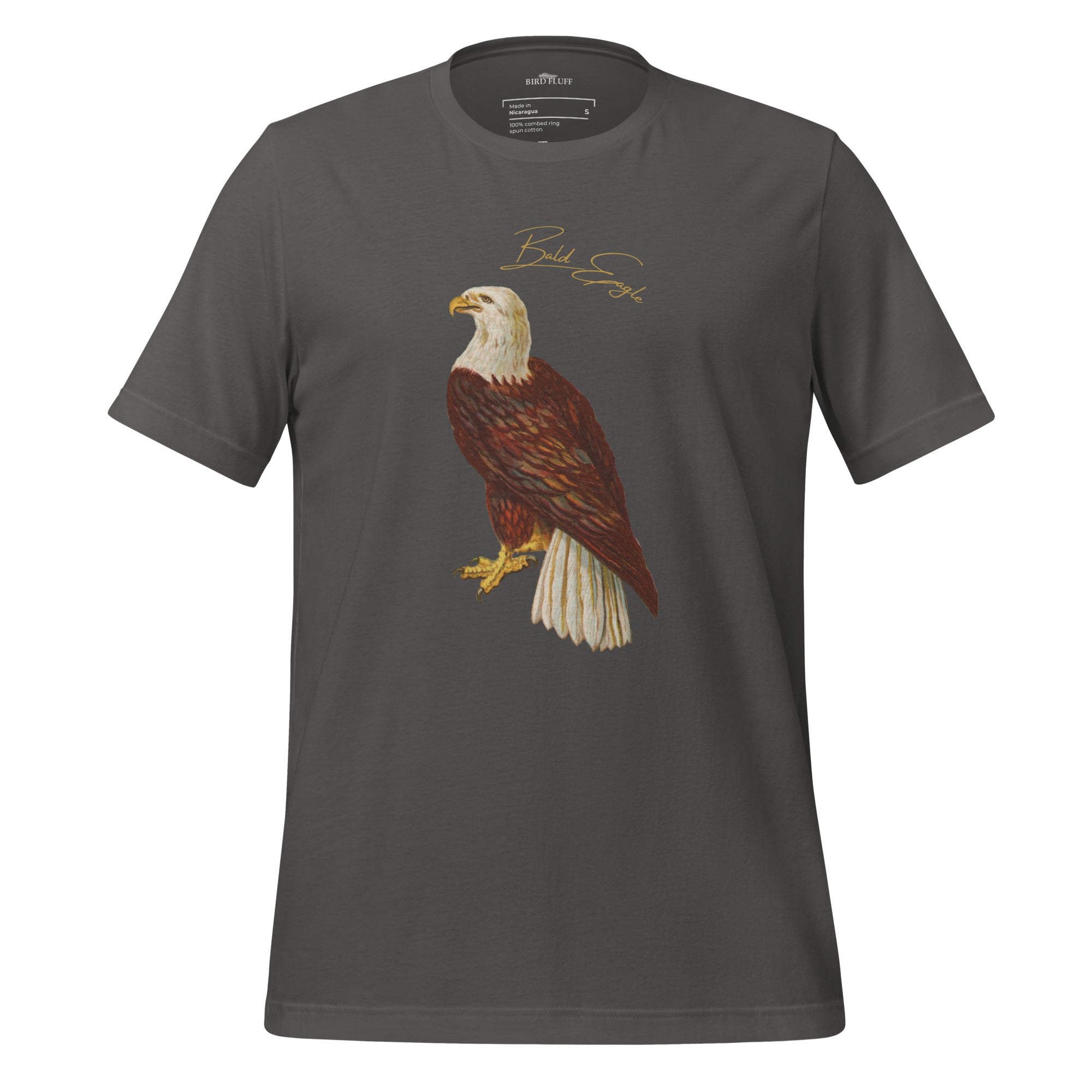 Dark gray bird shirt with vintage artwork of a bald eagle and the words "Bald Eagle" centered above the art.