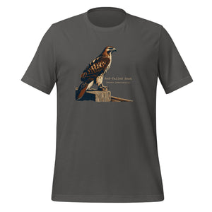 Gray bird shirt with an artistic depiction of a red-tailed hawk sitting on a fence and the common and scientific names for the bird next to it.