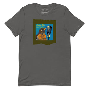 Dark gray unisex bird t-shirt featuring an illustration of an American Robin and a microphone and the words American Robin, Spring Fling Tour.