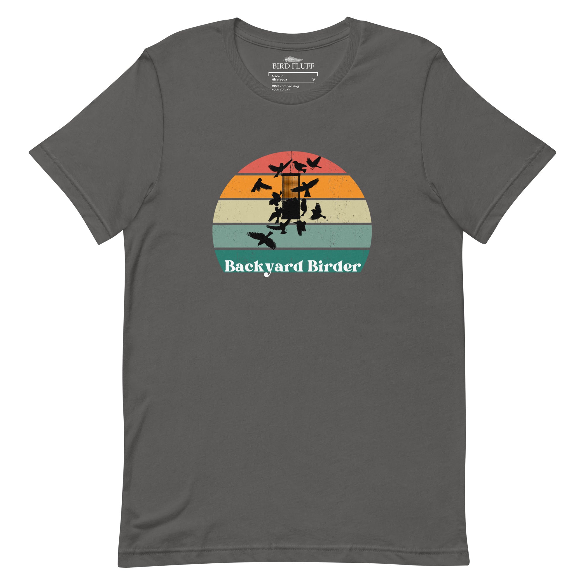 Gray bird shirt with a retro sun design outlining a bird feeder with the words Backyard Birder.