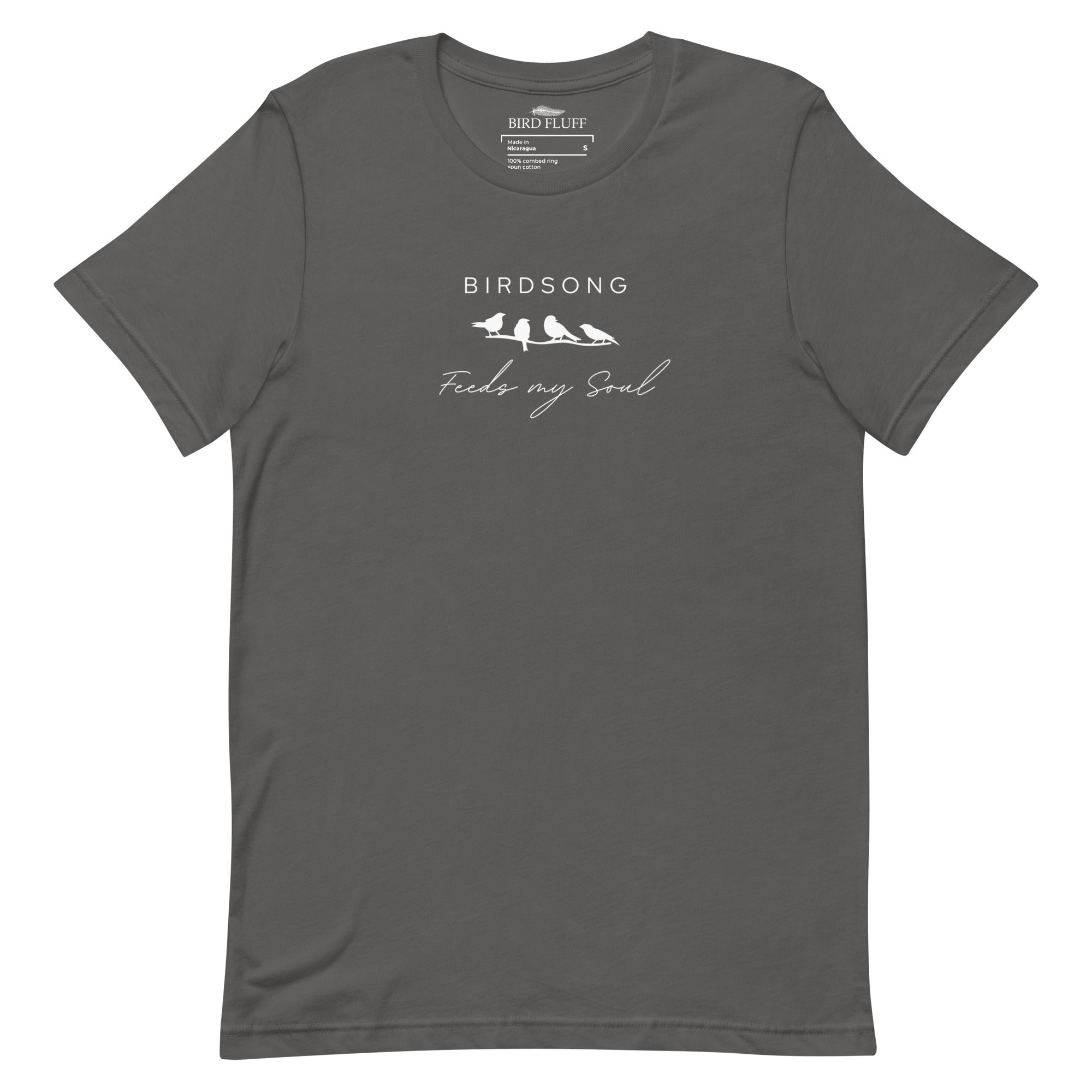 Gray bird t-shirt with the words Birdsong feeds my soul placed above and below a white graphic of 4 birds on a branch.