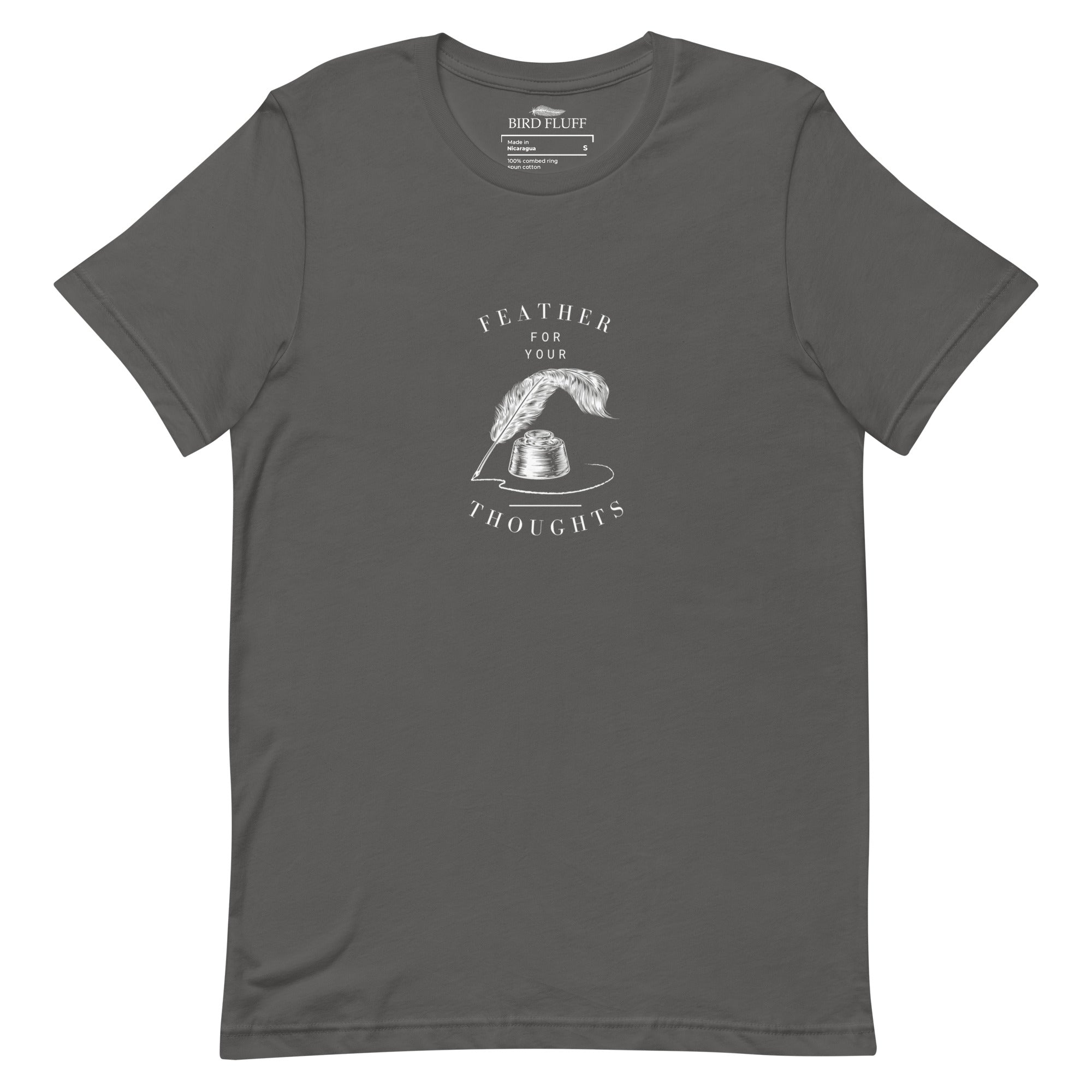 Gray unisex t-shirt with a quill and an ink pot and the words, "Feather for your Thoughts."