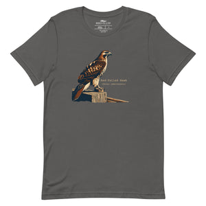 Gray bird shirt with an artistic depiction of a red-tailed hawk sitting on a fence and the common and scientific names for the bird next to it.