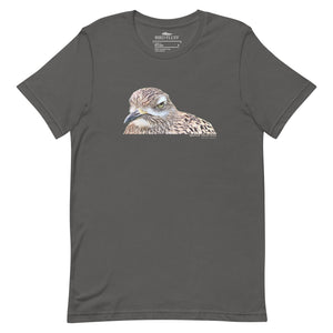 Dark gray unisex bird shirt with a lifelike illustration of a Spotted Thickknee on the front and the words Spotted Thickknee in small print below, with the scientific name included.