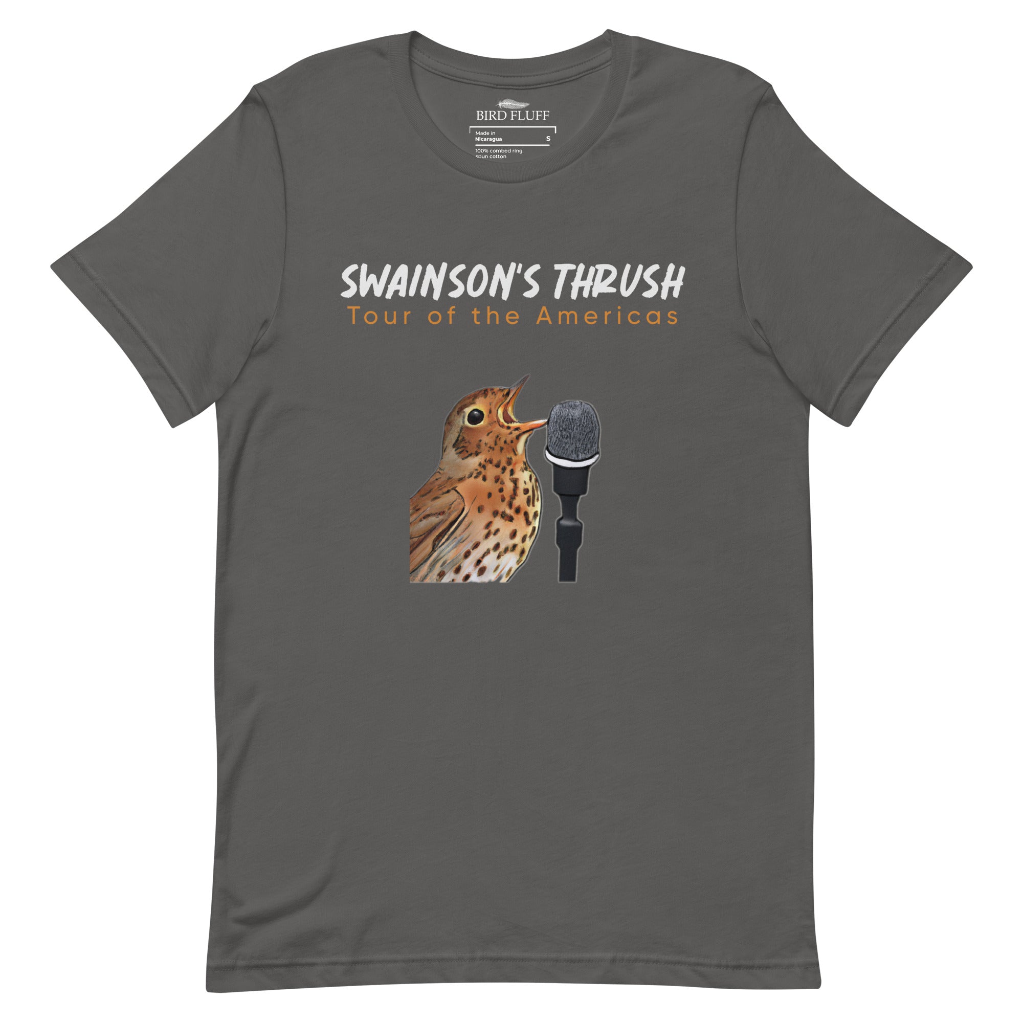 Gray unisex bird shirt mimicking a concert t-shirt with the words "Swainson's Thrush" and below that, "Tour of the Americas" and below that an illustrated Swainson's thrush singing into a microphone. Back of shirt, (not shown) has concert dates and cities where this bird can be heard.