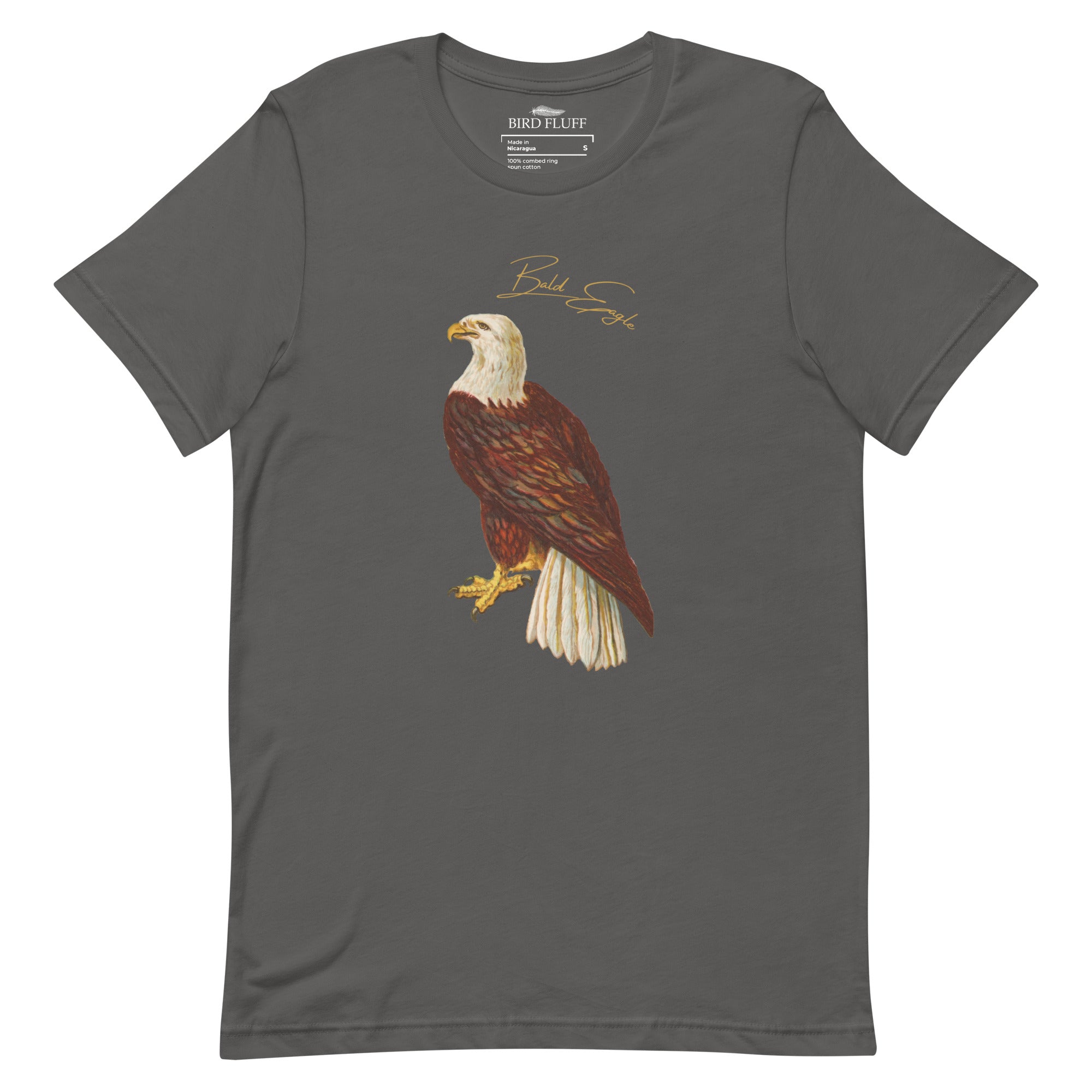 Dark gray bird shirt with vintage artwork of a bald eagle and the words "Bald Eagle" centered above the art.