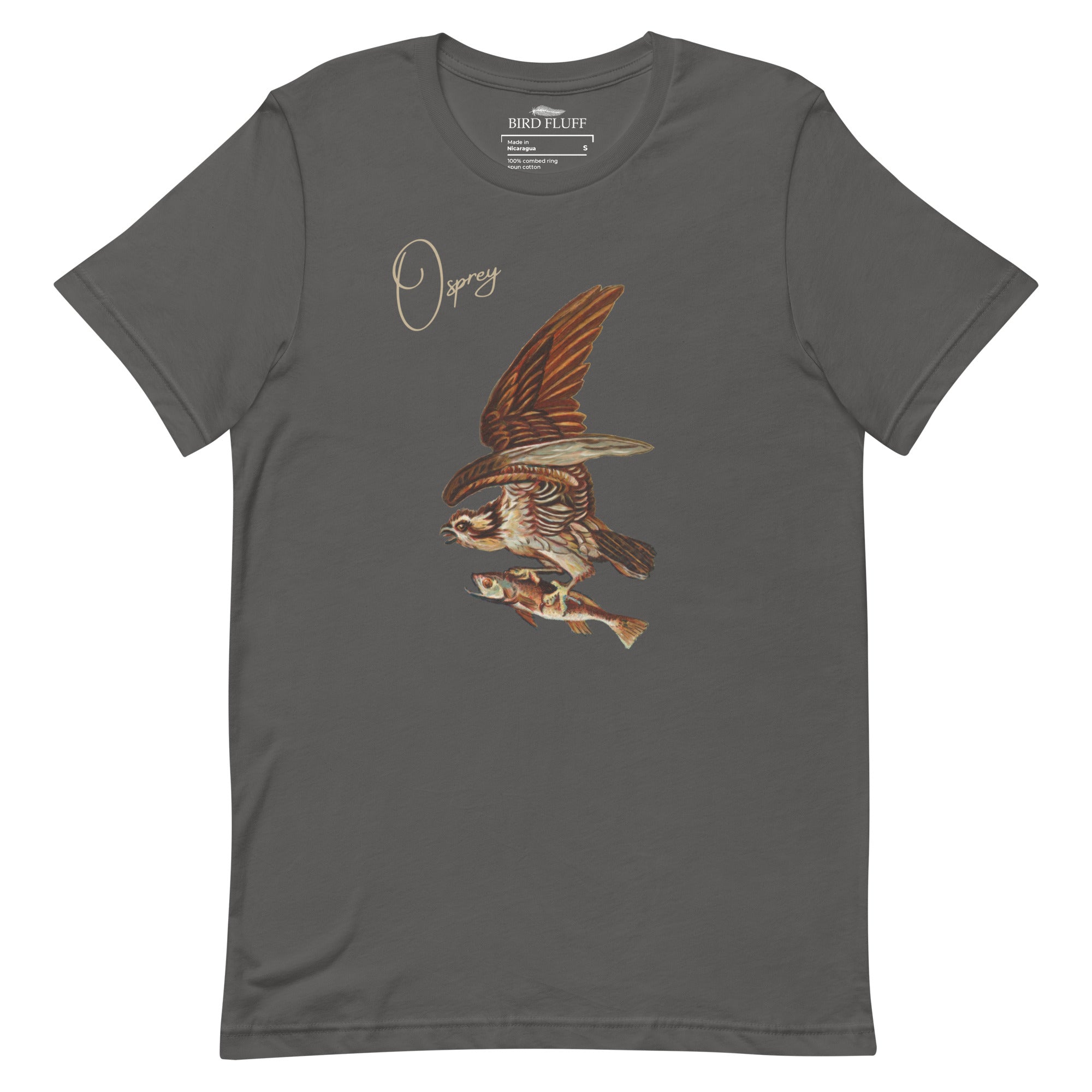 Dark gray bird shirt with vintage art of an osprey with a fish in its talons and the word "Osprey in the top right.