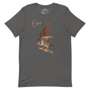 Dark gray bird shirt with vintage art of an osprey with a fish in its talons and the word "Osprey in the top right.