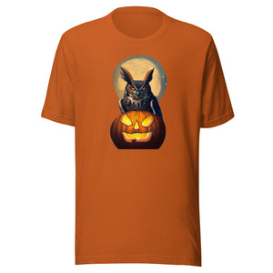 Orange bird t-shirt with a great horned owl sitting behind a jack-o-lantern with a full moon rising behind. 