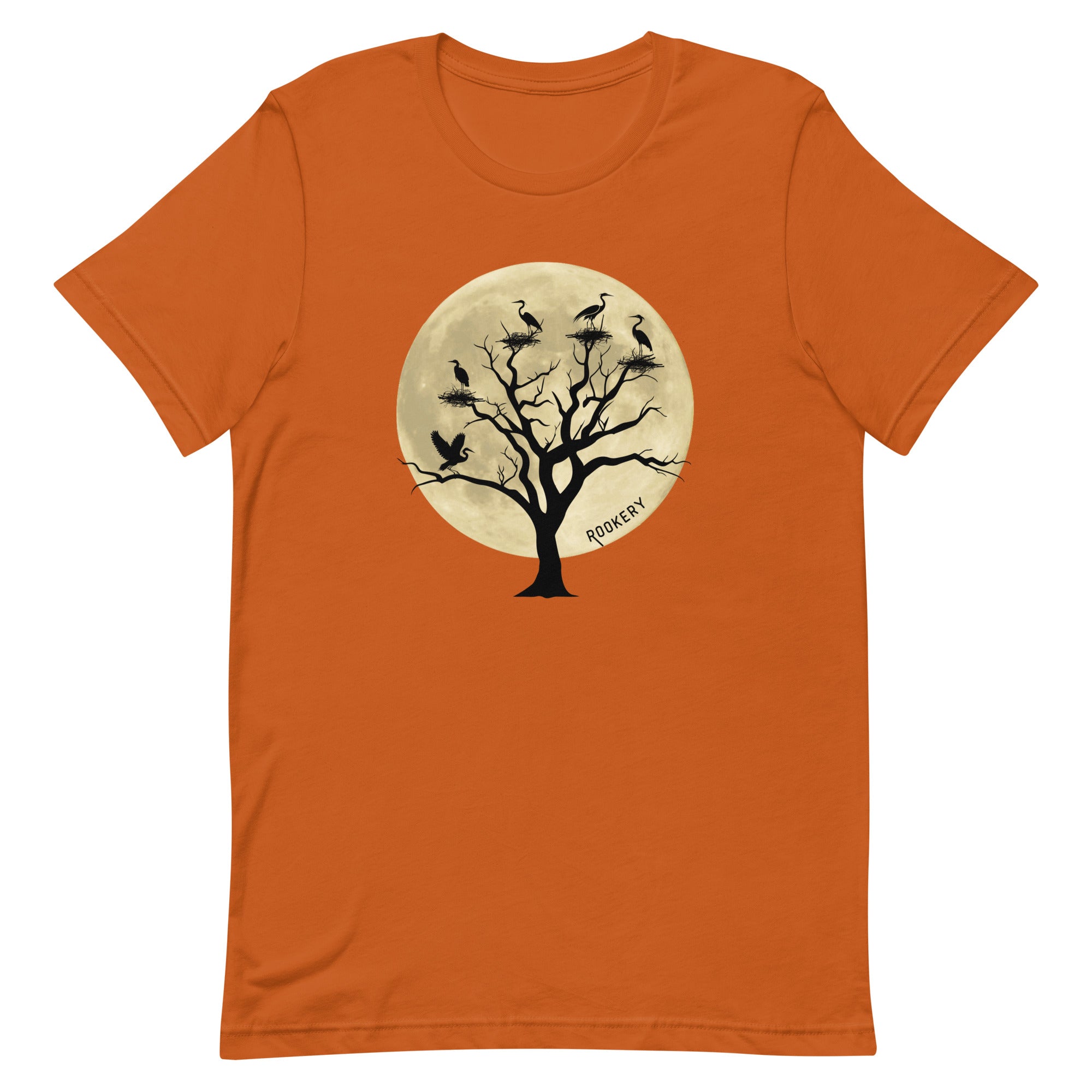 Orange unisex bird shirt with a full moon outlining a heron rookery. 