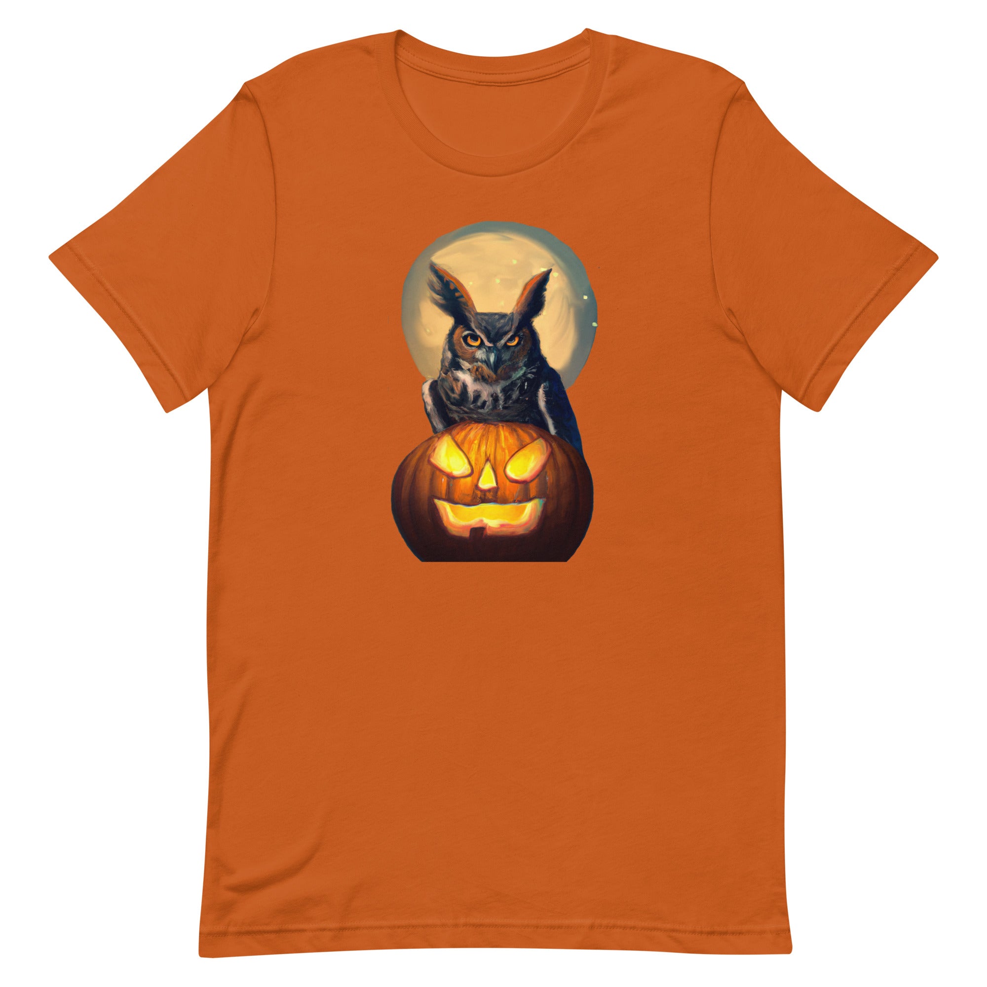 Orange bird t-shirt with a great horned owl, behind a jack-o-lantern under a full moon.