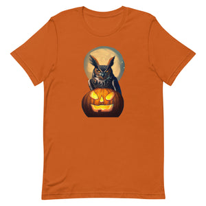 Orange bird t-shirt with a great horned owl, behind a jack-o-lantern under a full moon.