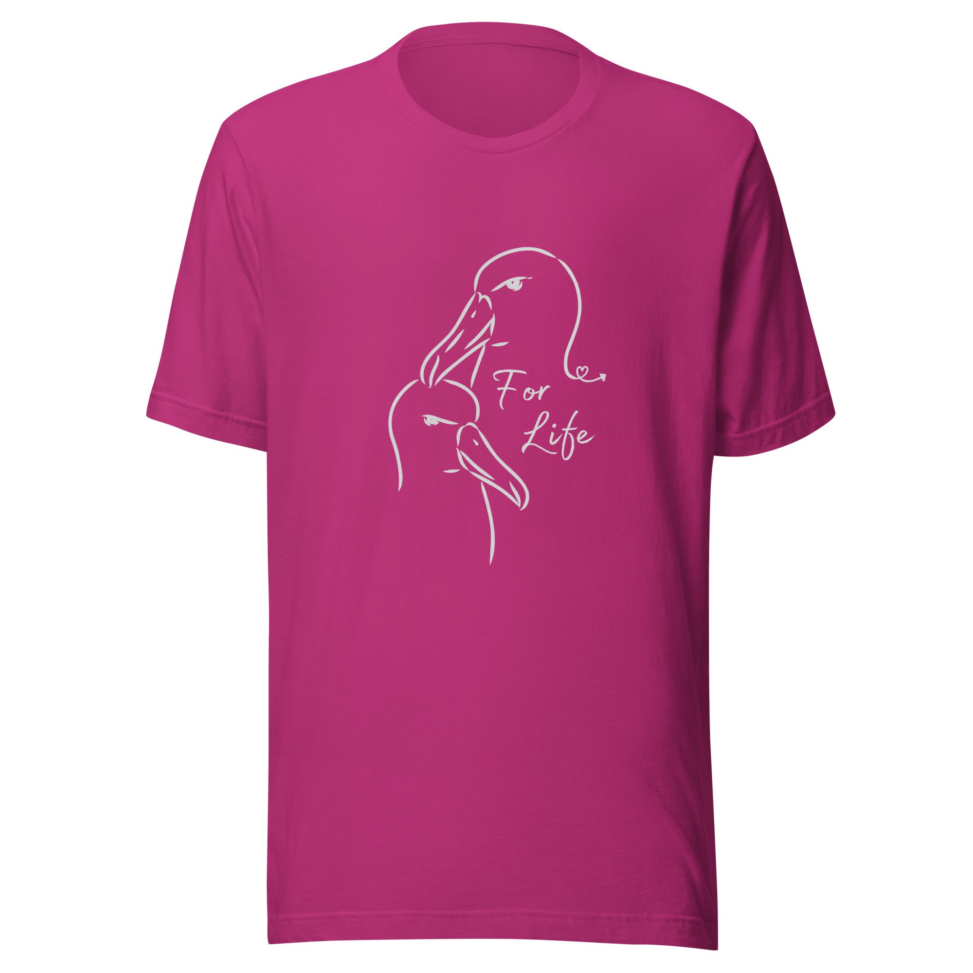 Bright pink unisex bird shirt featuring a line drawing of two Albatross heads and the words "For Life" on the front.