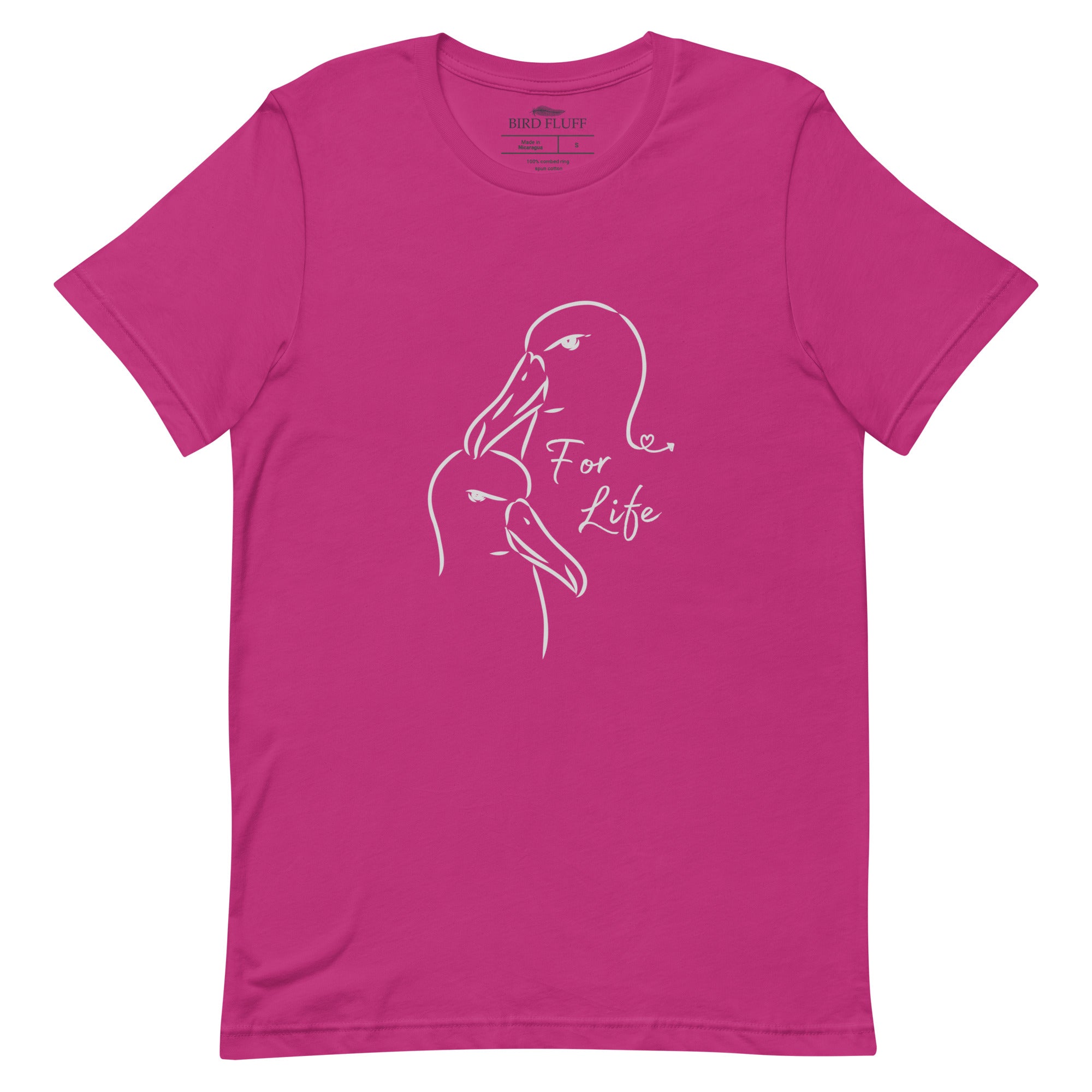 Bright pink unisex bird shirt featuring a line drawing of two Albatross heads and the words "For Life" on the front. 