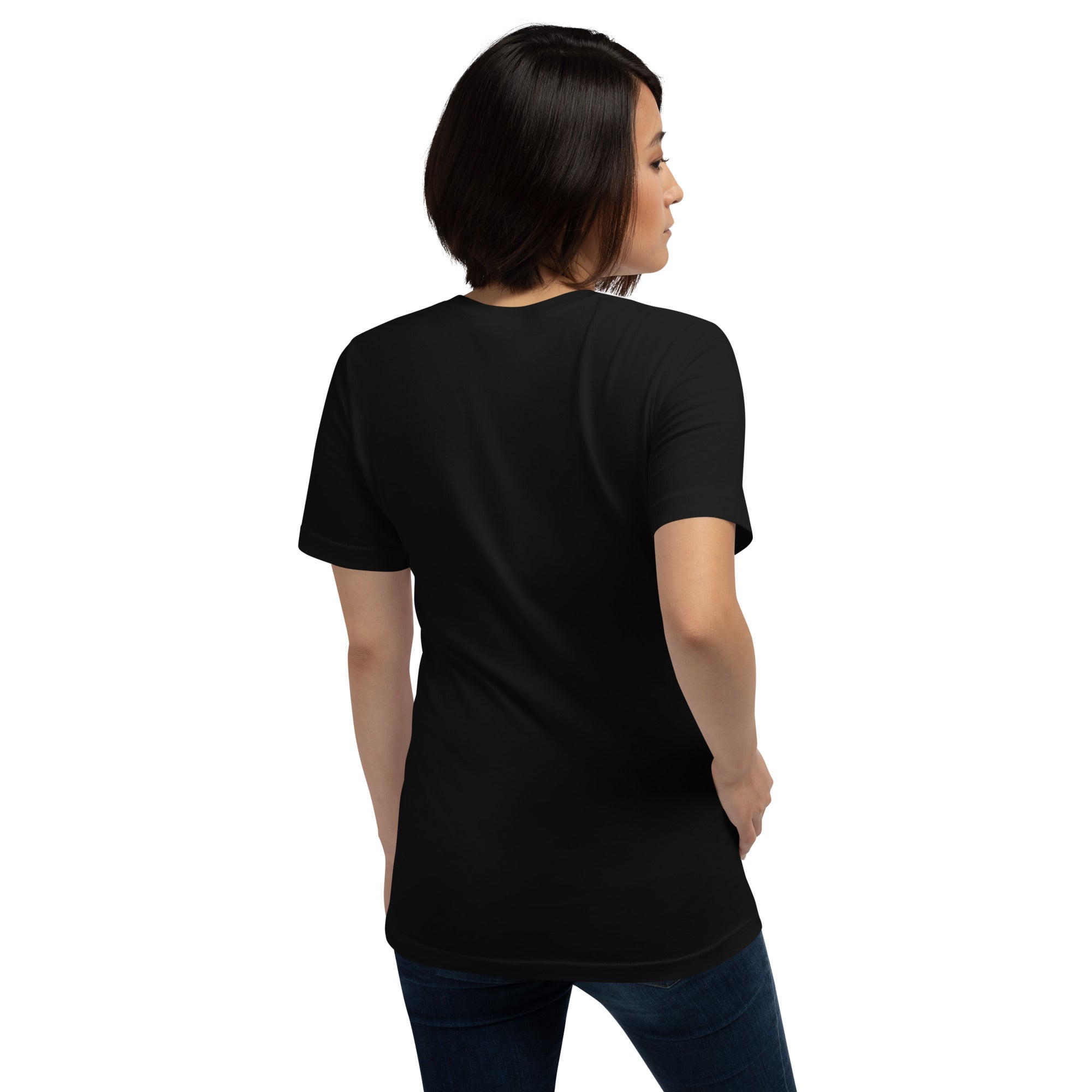 Black unisex bird shirt with a lifelike illustration of a Spotted Thickknee on the front and the words Spotted Thickknee in small print below, with the scientific name included. Rear view.